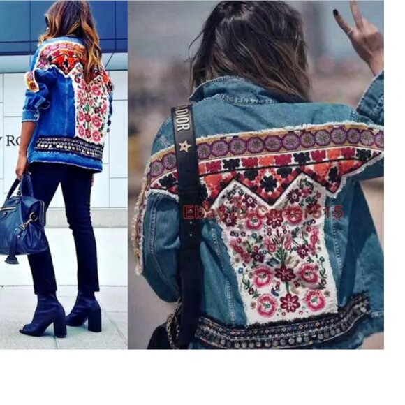 Zara Oversized Boho Floral Back Embroidered Denim Jacket - Picture 1 of 15